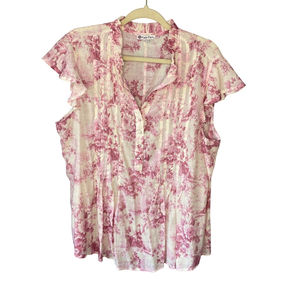 Kate Park Pink Toile Floral Flutter Sleeve Pintuck‎ Blouse XL
